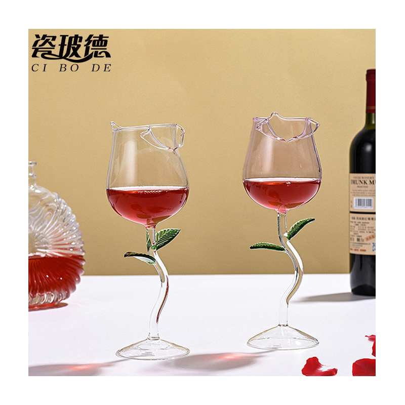 Custom Logo Creative High Borosilicate Goblet Rose Shaped Glass Transparent Clear Wine Glass Goblets