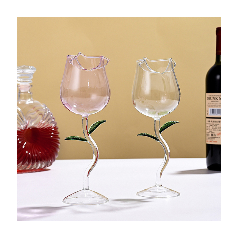 Custom Logo Creative High Borosilicate Goblet Rose Shaped Glass Transparent Clear Wine Glass Goblets