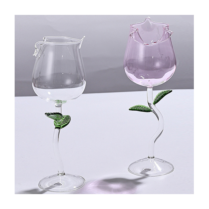 Custom Logo Creative High Borosilicate Goblet Rose Shaped Glass Transparent Clear Wine Glass Goblets