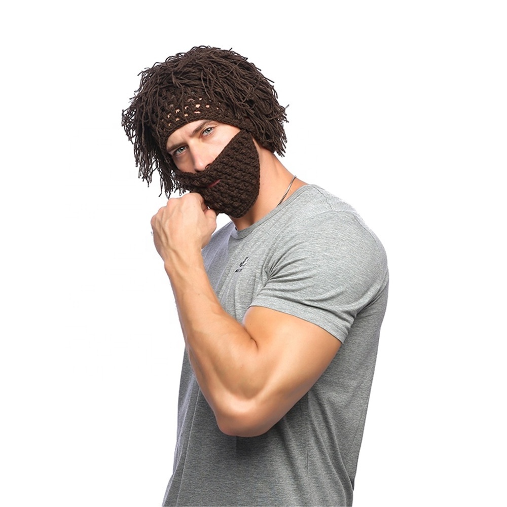 Funny Men Crochet Hand Knit Hairpiece Warmer Winter Sk Beanie Caps Hat With Beard Facemask