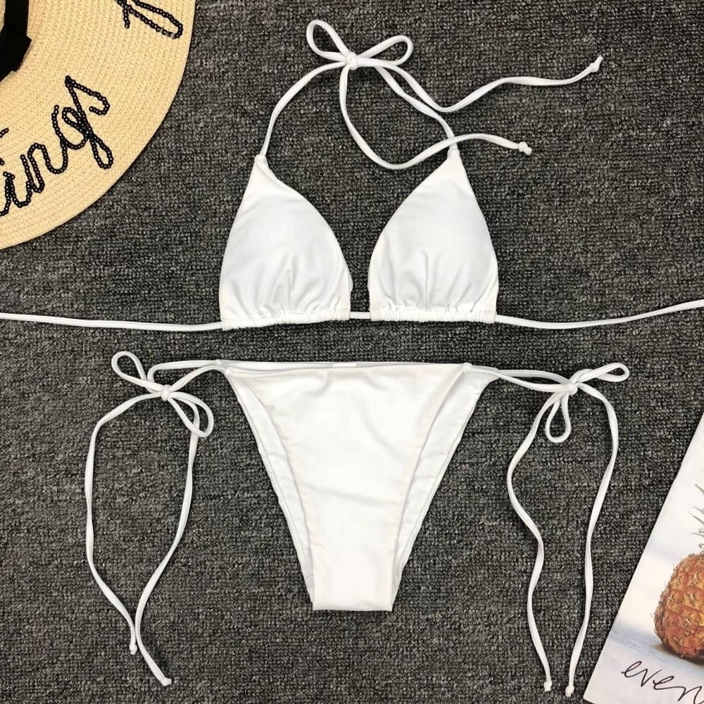 Women's Sexy Brazilian Halterneck Mini Micro Bra V String Bottom Swimsuit Cheeky Thong Bikini Set