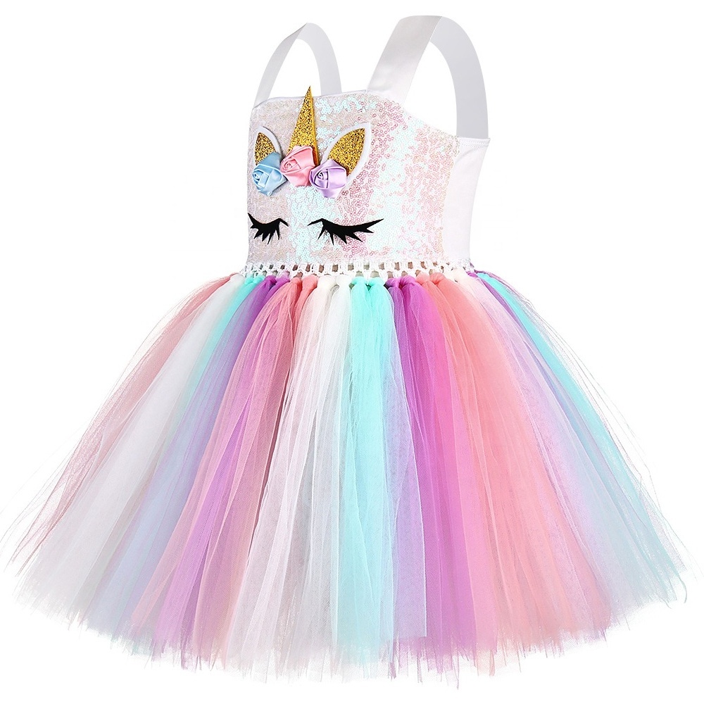 Birthday Gift Rainbow Unicorn Party Princess Tutu Dress Up Clothes Costume for Girls 1-8Y with Headband