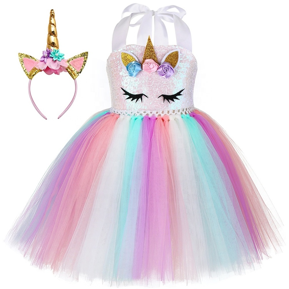 Birthday Gift Rainbow Unicorn Party Princess Tutu Dress Up Clothes Costume for Girls 1-8Y with Headband