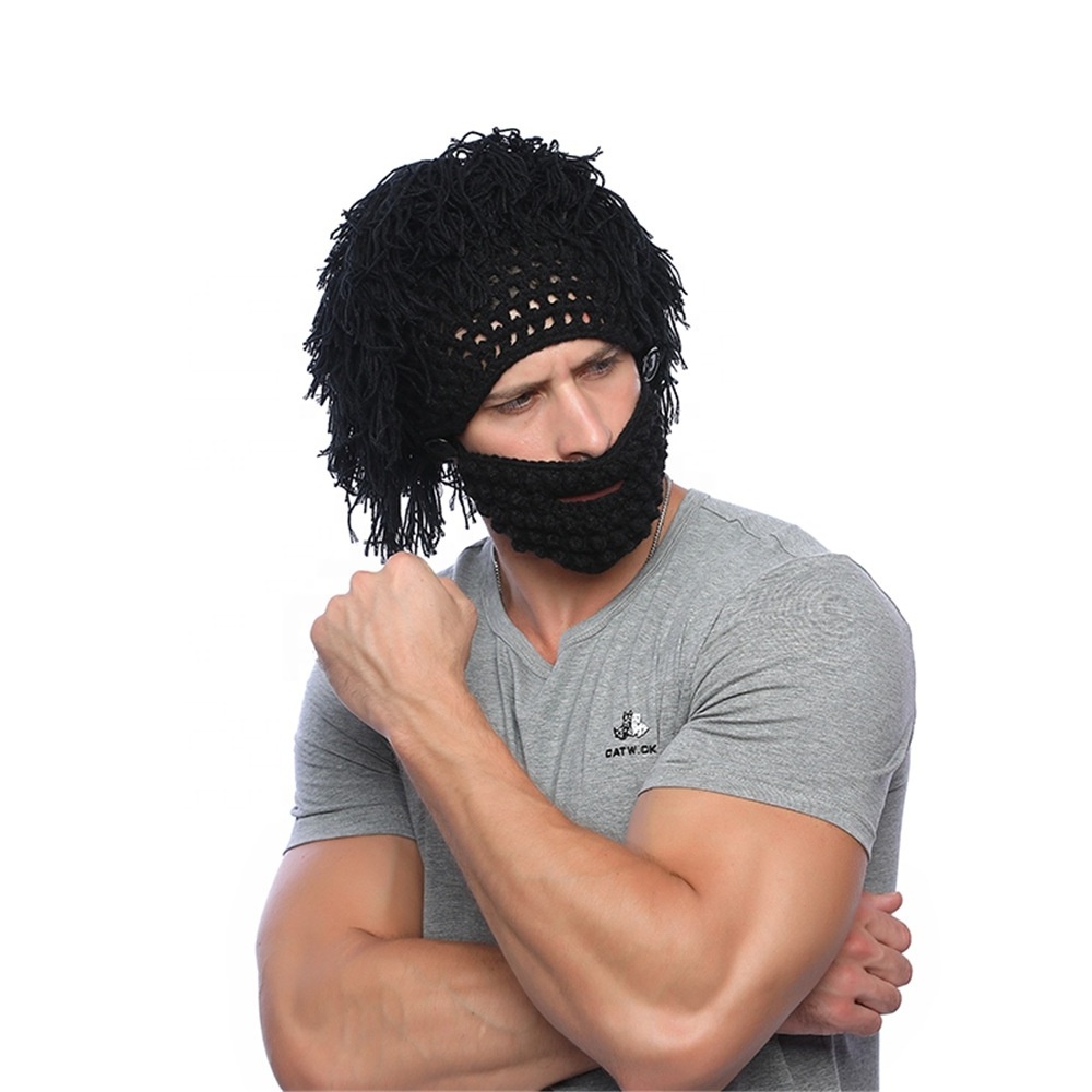 Funny Men Crochet Hand Knit Hairpiece Warmer Winter Sk Beanie Caps Hat With Beard Facemask