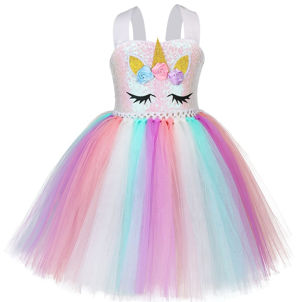 Birthday Gift Rainbow Unicorn Party Princess Tutu Dress Up Clothes Costume for Girls 1-8Y with Headband