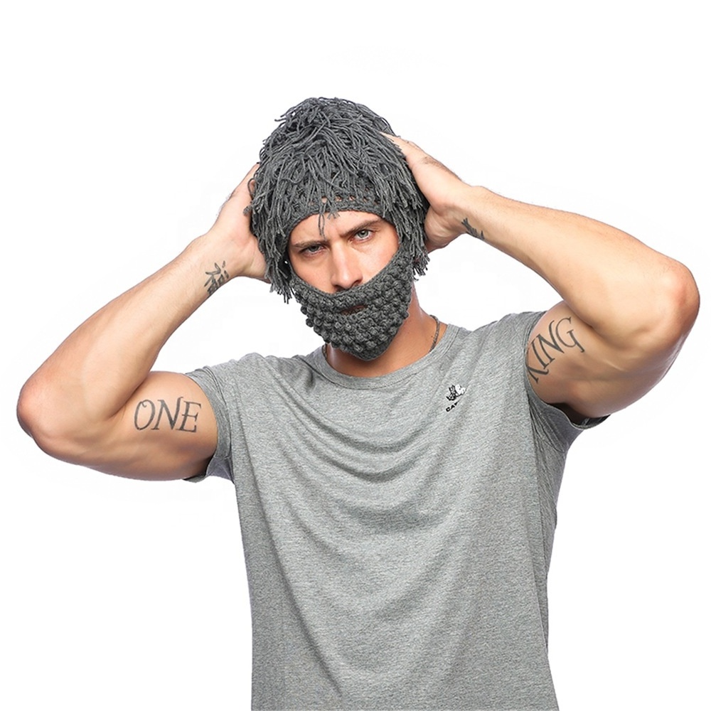 Funny Men Crochet Hand Knit Hairpiece Warmer Winter Sk Beanie Caps Hat With Beard Facemask