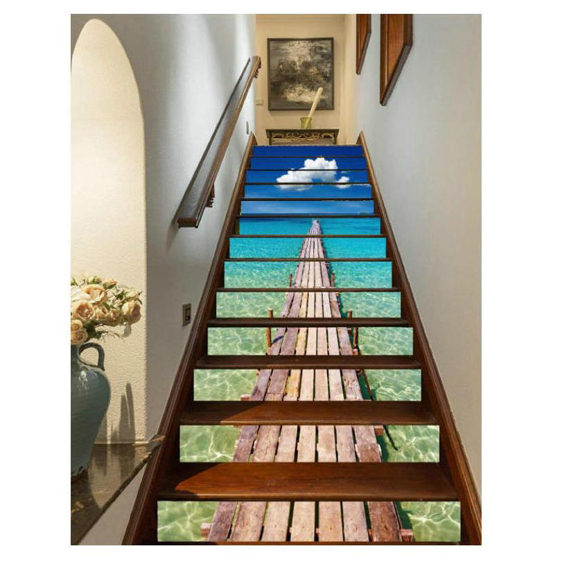 3D Blue Ocean Wood Bridge Self-Adhesive Staircase Stickers