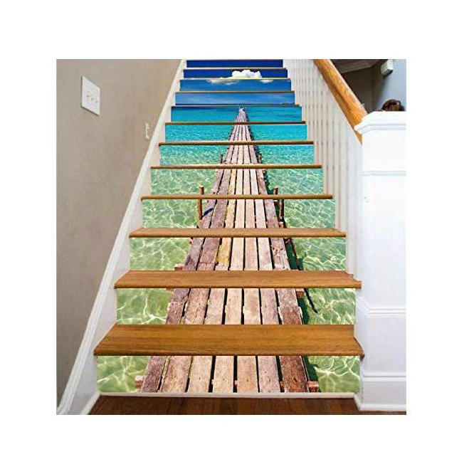 3D Blue Ocean Wood Bridge Self-Adhesive Staircase Stickers