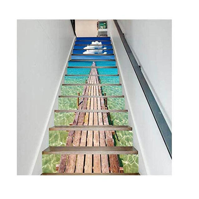 3D Blue Ocean Wood Bridge Self-Adhesive Staircase Stickers