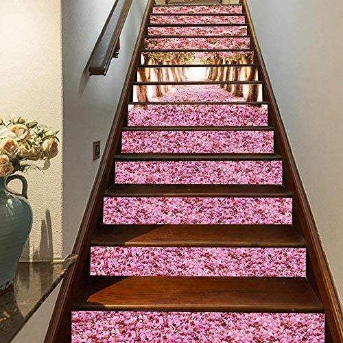 Removable Staircase Stickers for Wedding Home Restaurant Decals 3D Romantic Pink Cherry Flowers Self-Adhesive Stair Stickers