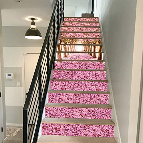 Removable Staircase Stickers for Wedding Home Restaurant Decals 3D Romantic Pink Cherry Flowers Self-Adhesive Stair Stickers