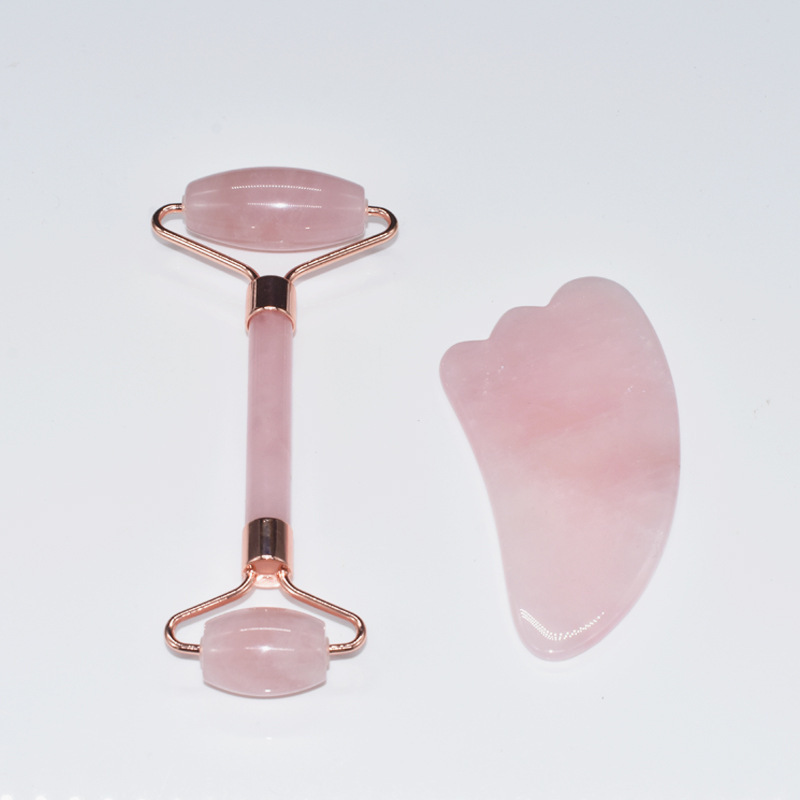 Hot Selling Pink Gua Sha Set Natural Anti Aging Jade Roller Wholesale Natural Face Rose Quartz Jade Roller Guasha Set