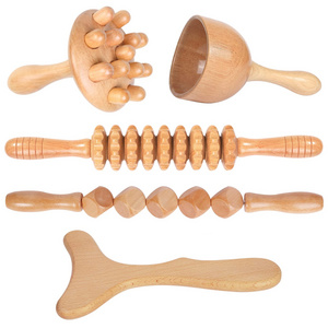 Private Label Wood Therapy Massage Tools Wooden Roller Guasha Wood Stick Massage Tool Set