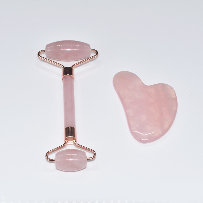 Hot Selling Pink Gua Sha Set Natural Anti Aging Jade Roller Wholesale Natural Face Rose Quartz Jade Roller Guasha Set