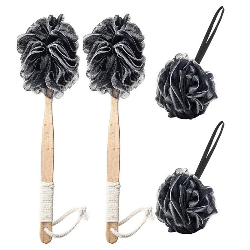 Long Handle Bamboo Charcoal Fiber Bath Ball With Non-slip Wooden Handle Back Shower Scrubber Loofah Bath Sponge Body Brush