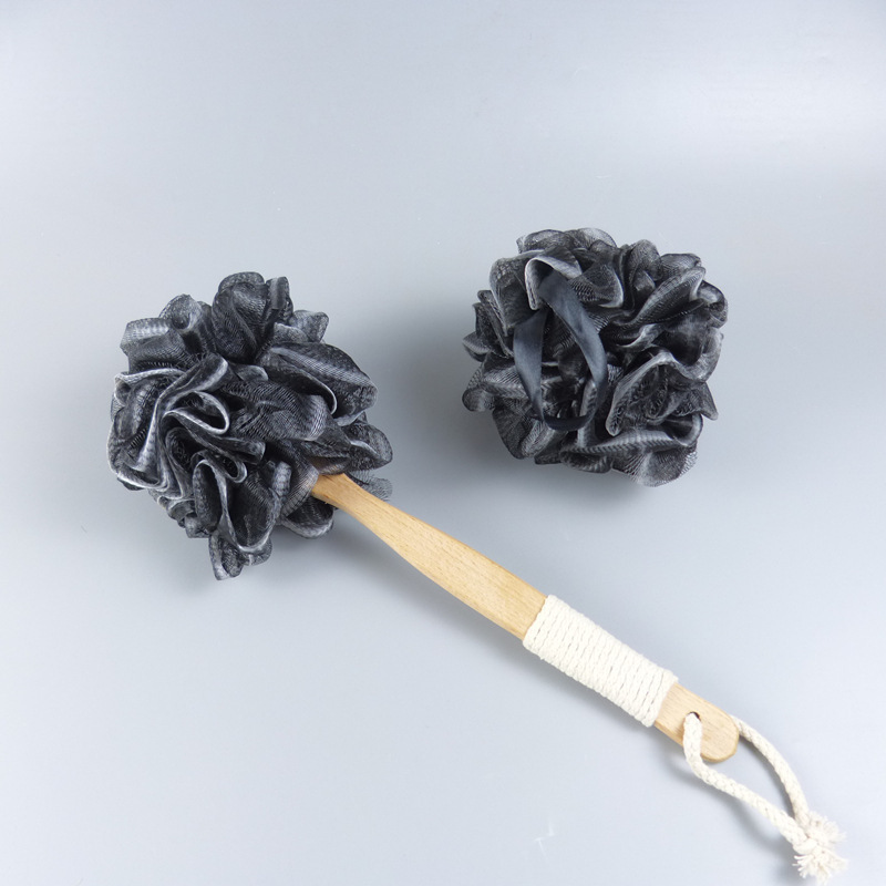 Long Handle Bamboo Charcoal Fiber Bath Ball With Non-slip Wooden Handle Back Shower Scrubber Loofah Bath Sponge Body Brush