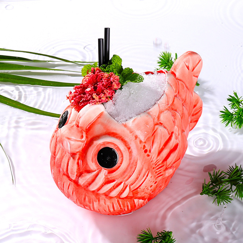 Wholesale 710ml bar home use creative pink fish tiki mug ceramic piranha mug