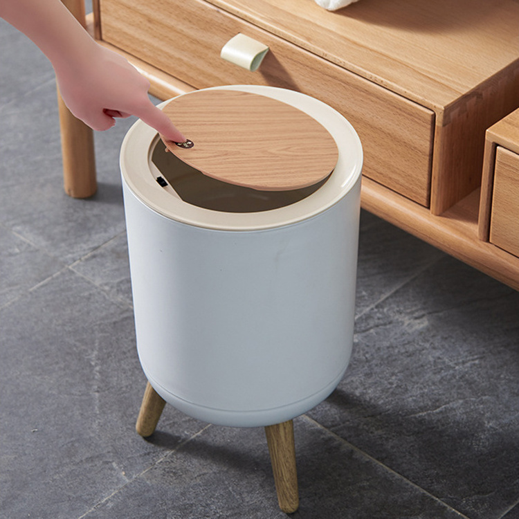 Sesame Simple Style High Feet Trash Can Easy Assemble Household Plastic Trash Bin With Wooden Feet Garbage Can