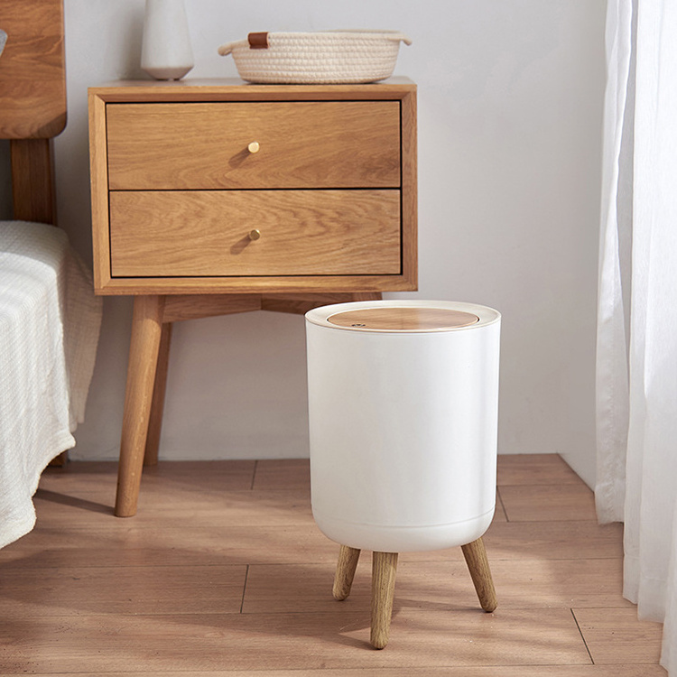 Sesame Simple Style High Feet Trash Can Easy Assemble Household Plastic Trash Bin With Wooden Feet Garbage Can