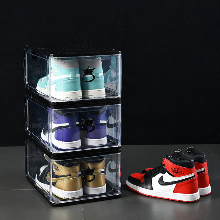 Hot Selling Acrylic Plastic Front Open Stackable Shoe Organizer Bin Shoe Box Storage With Magnetic Door