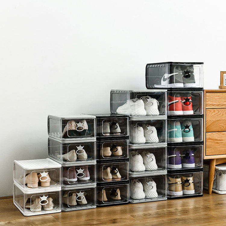 Hot Selling Acrylic Plastic Front Open Stackable Shoe Organizer Bin Shoe Box Storage With Magnetic Door