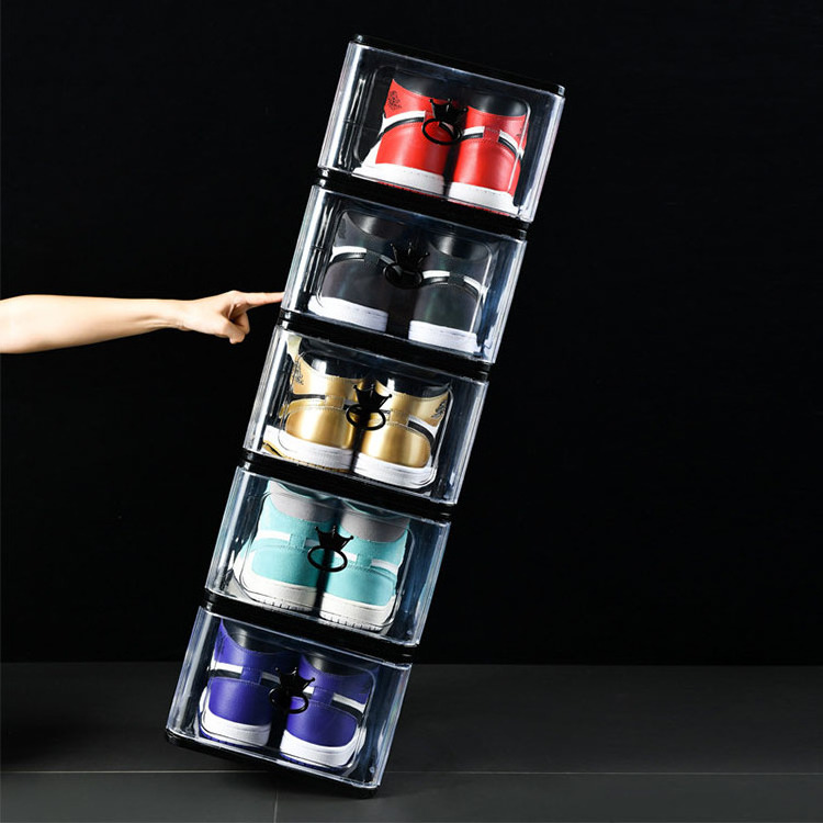 Hot Selling Acrylic Plastic Front Open Stackable Shoe Organizer Bin Shoe Box Storage With Magnetic Door