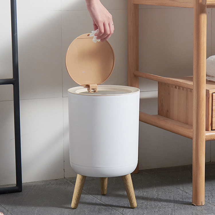 Sesame Simple Style High Feet Trash Can Easy Assemble Household Plastic Trash Bin With Wooden Feet Garbage Can