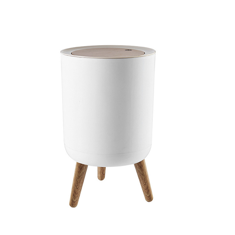 Sesame Simple Style High Feet Trash Can Easy Assemble Household Plastic Trash Bin With Wooden Feet Garbage Can