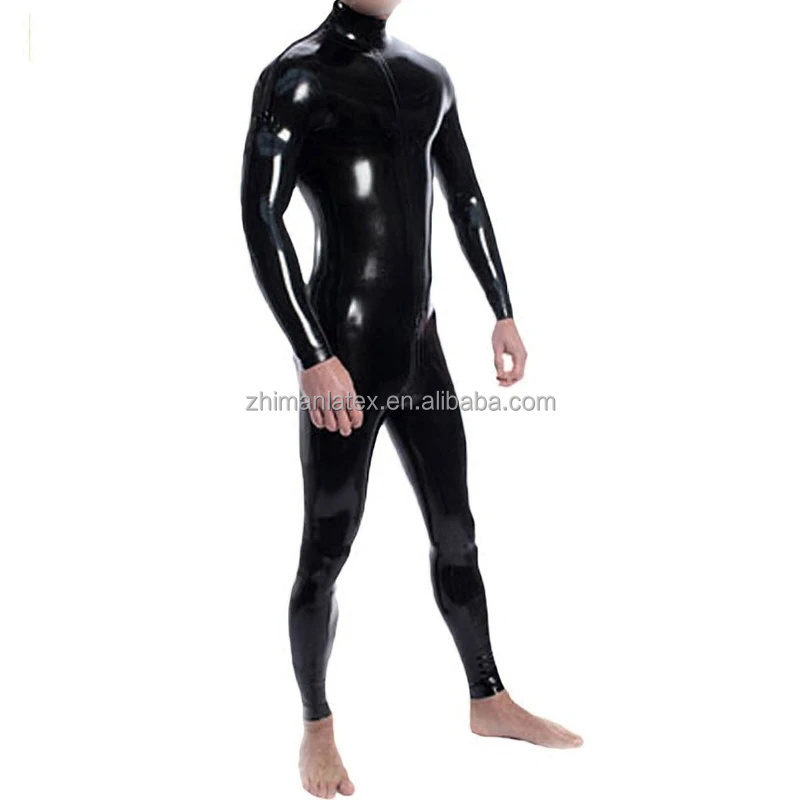 Latex Catsuit Latex Bodysuit Zentai Jumpsuit Men Sexy Latex  Long Sleeves With Shoulder Zipper 0.4MM Rubber