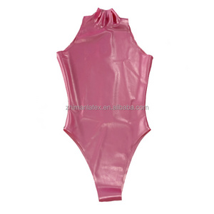 Latex Zentai Catsuits Pink Latex Rubber Fetish Sexy Women Transparent Latex Swim suit