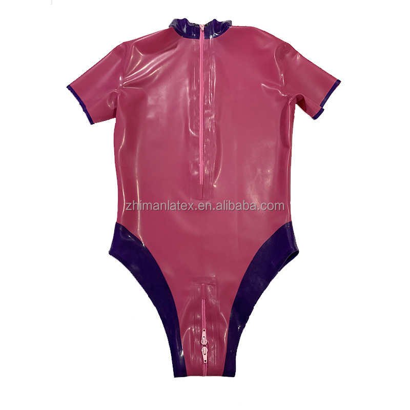 Latex Catsuit Adult Bodysuit Catsuit Zentai Zipper Crotch Sexy Gloss High Stretch Rubberized Pink Latex