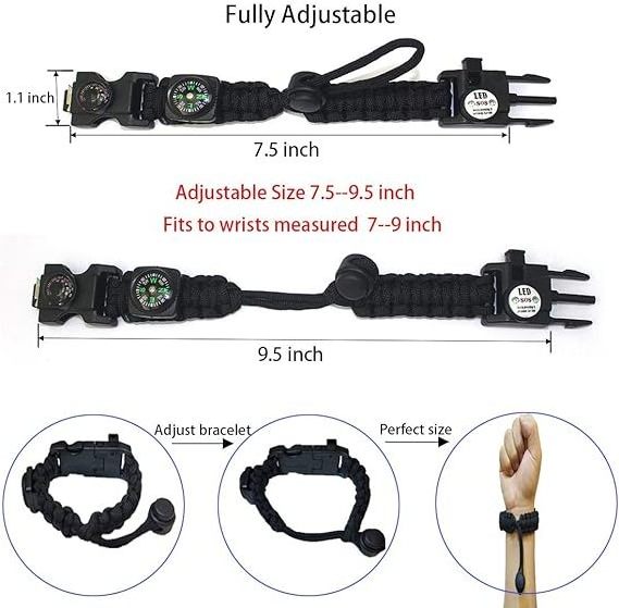 Survival Bracelet Adjustable Gear Kit with SOS LED Light, Fire Starter Compass Bracelet