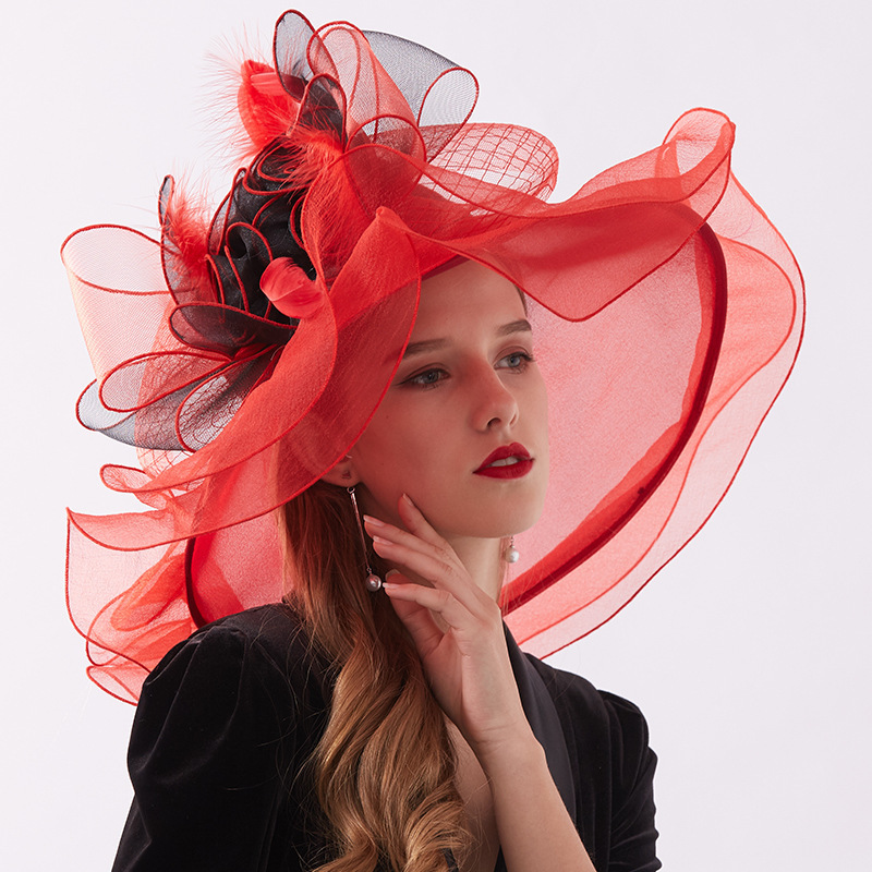 Wholesale Hair Accessories Church Spring And Autumn Women Bride Party Feather Lace Big Flower Wide Brim Fedora Girls Organza Hat