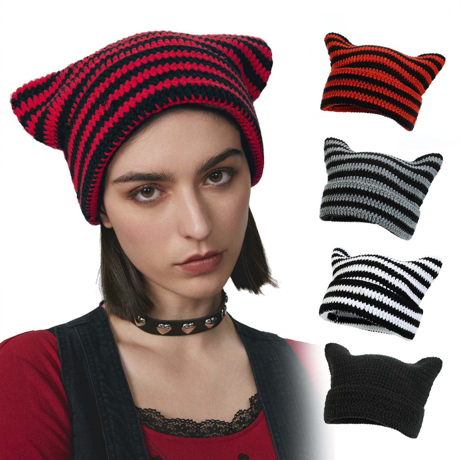 Adult Striped Cat Ear Hat Striped Wool Cute Knitted Hat Winter Warm Super Knitted Beanie