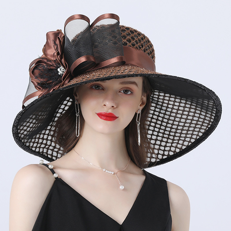 Wholesale Elegant Wedding Wide Brim Formal Church Derby Kentucky Ladies Women Bride Flower Party Organza Bucket Fedora Hat