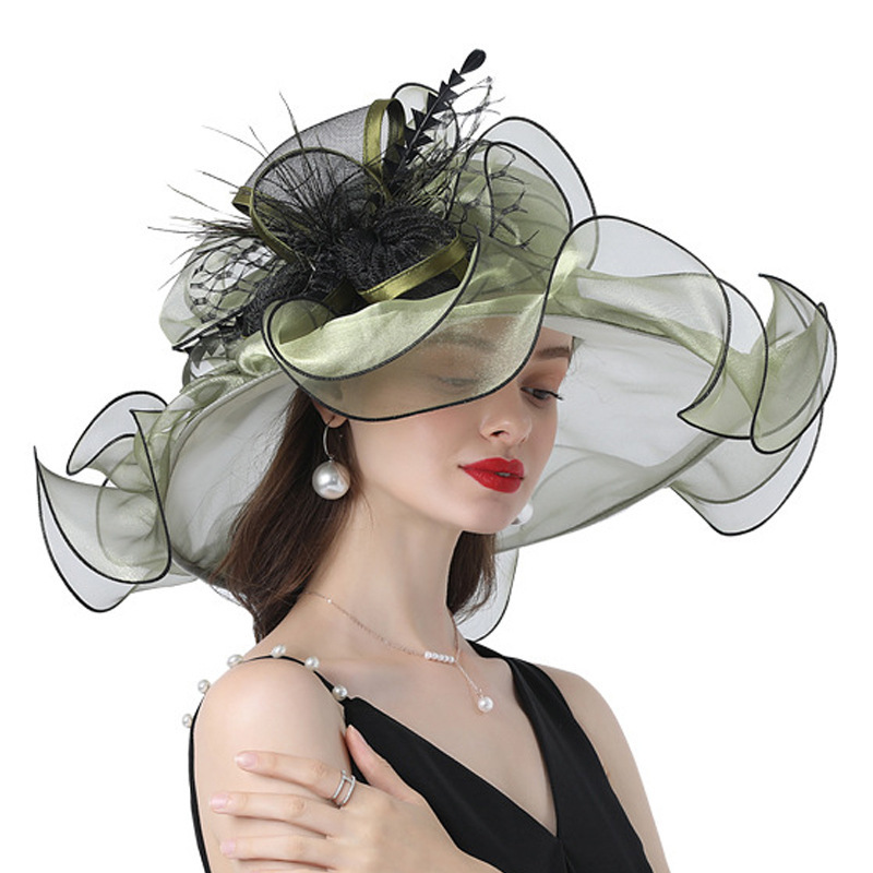 Elegant Western Style Wide Brim Bride Organza Fascinator Church Kentucky Derby Hat Floral Tea Flower Party Wedding Hats