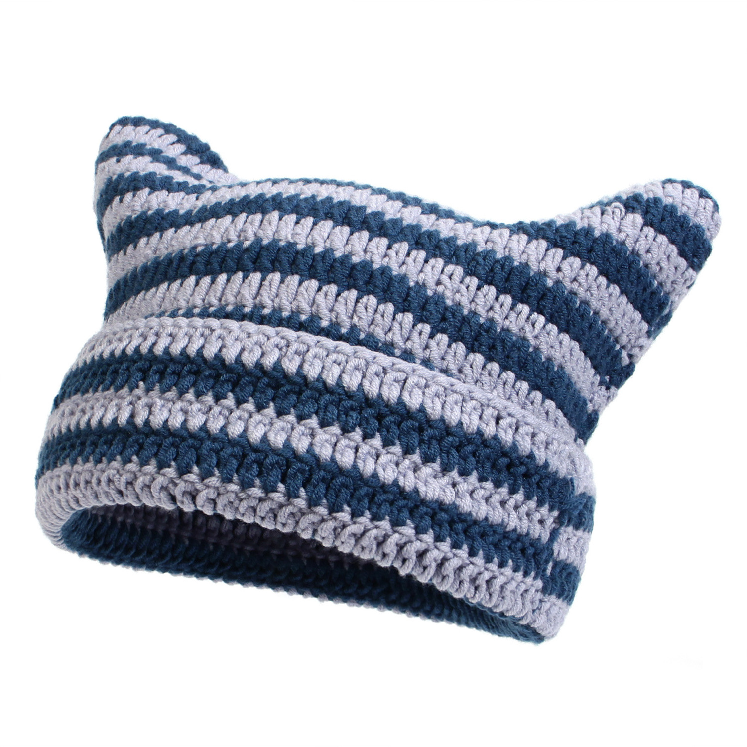 Adult Striped Cat Ear Hat Striped Wool Cute Knitted Hat Winter Warm Super Knitted Beanie