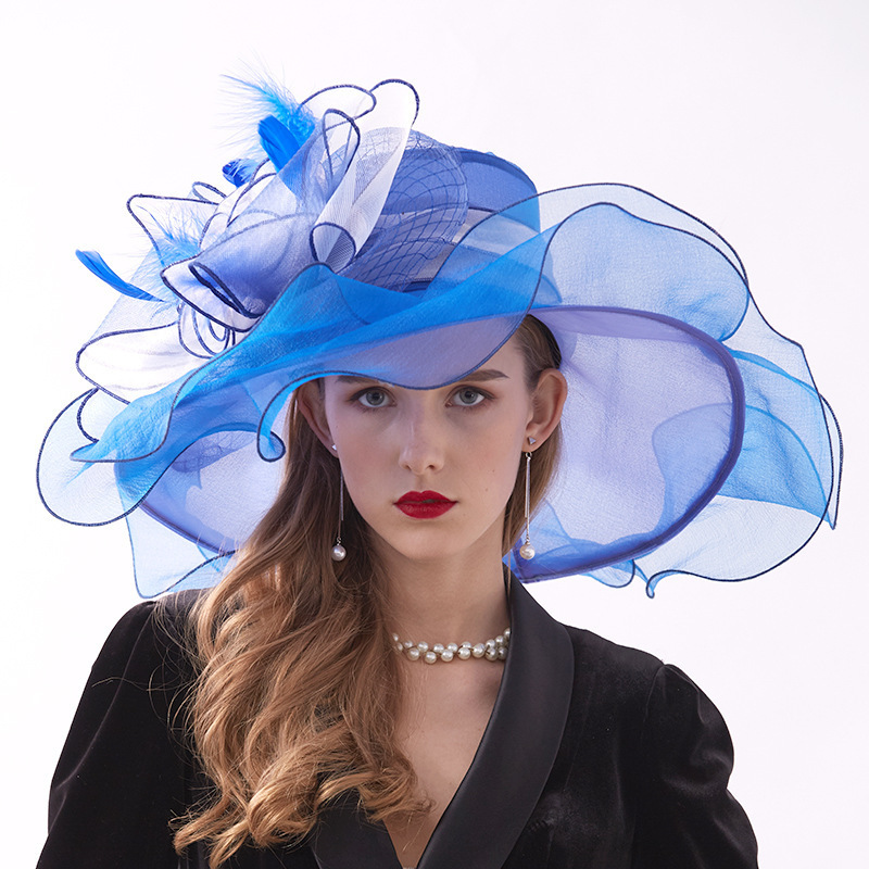 Wholesale Hair Accessories Church Spring And Autumn Women Bride Party Feather Lace Big Flower Wide Brim Fedora Girls Organza Hat