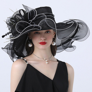 Elegant Western Style Wide Brim Bride Organza Fascinator Church Kentucky Derby Hat Floral Tea Flower Party Wedding Hats