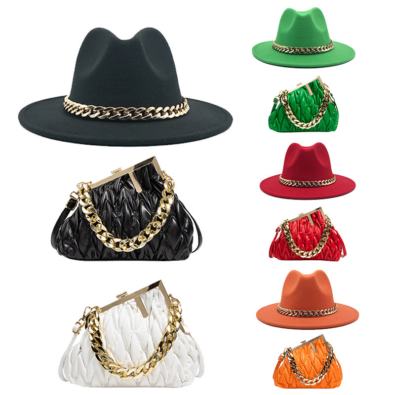 Two Tone Floppy Ladies Handbag Jazz Golden Chain Felt Black Round Hats Wide Brim Women Wholesale Fedora Hat And Purse