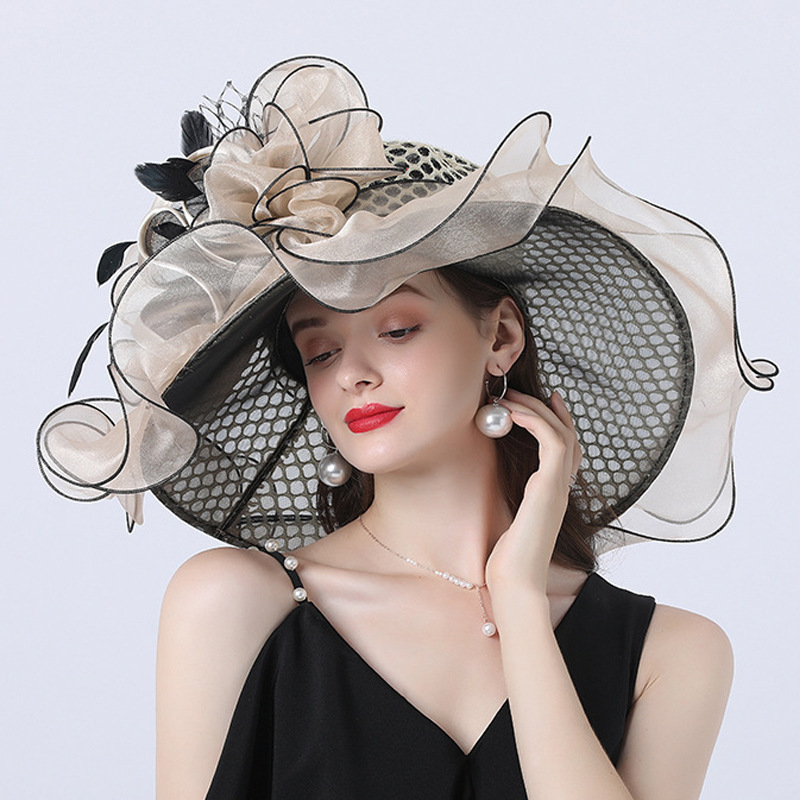 Elegant Western Style Wide Brim Bride Organza Fascinator Church Kentucky Derby Hat Floral Tea Flower Party Wedding Hats