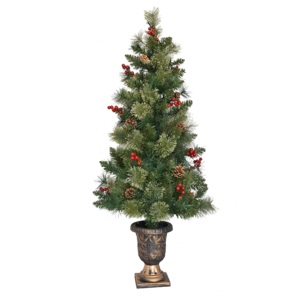 Goplus Christmas Tree Pre-Lit Tabletop Artificial Entrance Tree with Led Lights, Gold Urn Base, Pine Cones and Red Berries (4 FT