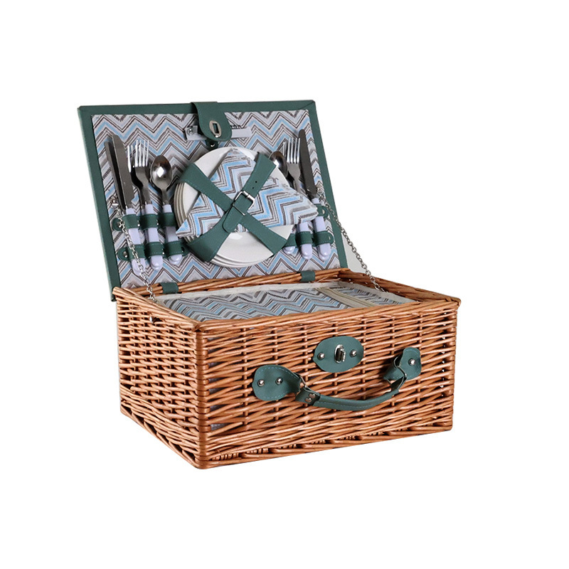 Large luxury vintage bamboo kids Willow Hamper wicker rattan Insulated cooler wooden lid camping blanket Picnic Basket set for 4