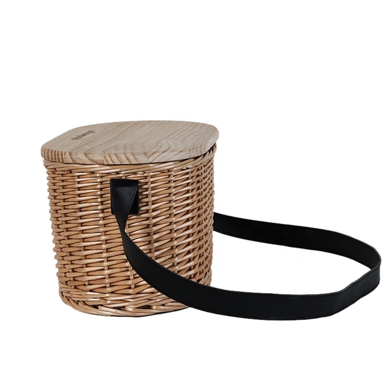 custom classic outdoor foldable wicker wooden top hamper cooler carry on willow oval round picnic basket with leather strap