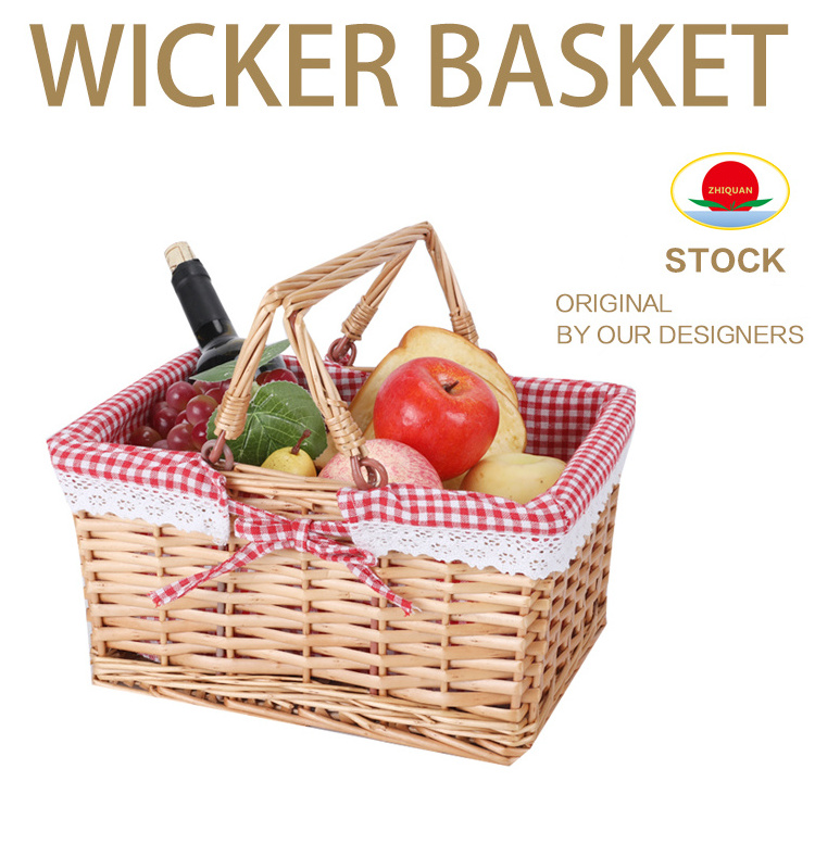 Widely Used Bread Fruit Woven Willow wholesale empty weave Wicker handle picnic hamper basket with lid gift food Storage Basket