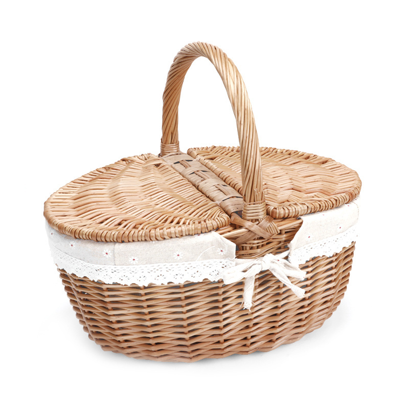 Widely Used Bread Fruit Woven Willow wholesale empty weave Wicker handle picnic hamper basket with lid gift food Storage Basket