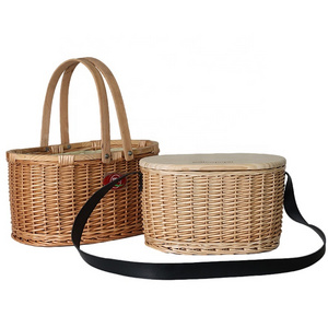 custom classic outdoor foldable wicker wooden top hamper cooler carry on willow oval round picnic basket with leather strap