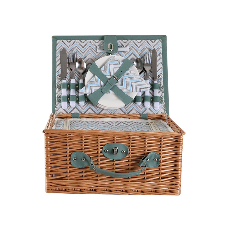 Large luxury vintage bamboo kids Willow Hamper wicker rattan Insulated cooler wooden lid camping blanket Picnic Basket set for 4