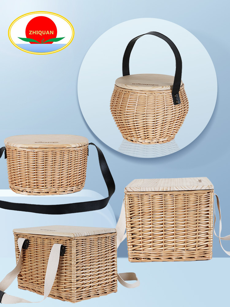 custom classic outdoor foldable wicker wooden top hamper cooler carry on willow oval round picnic basket with leather strap