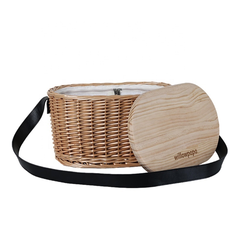 custom classic outdoor foldable wicker wooden top hamper cooler carry on willow oval round picnic basket with leather strap